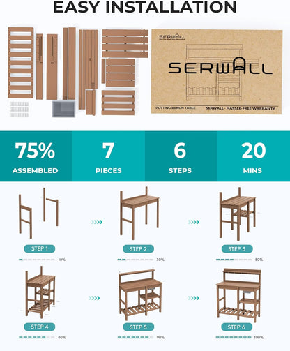 SERWALL Potting Bench Outdoor Potting Table with Sink, HDPE Potting Benches for Outside Gardening Table All Weather Use- Brown