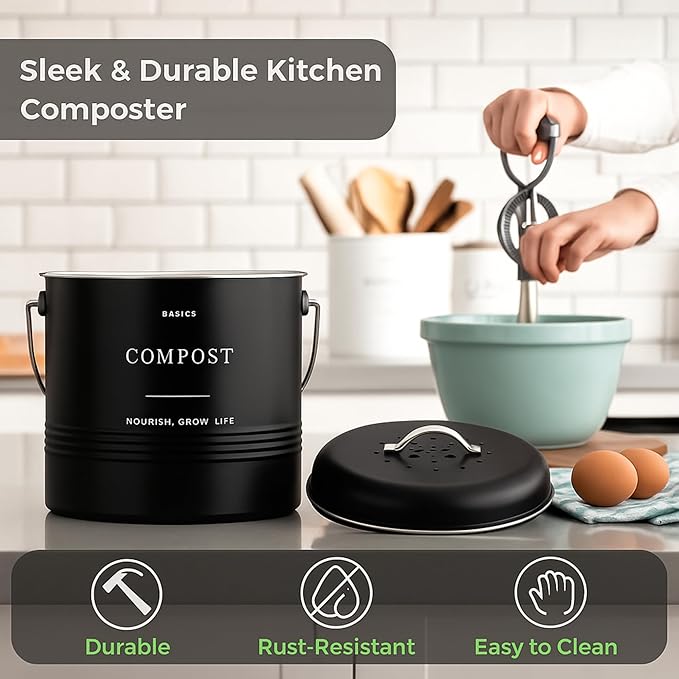 D'Lifeful Kitchen Compost Bin – 1.3 Gallon Countertop Farmhouse Compost Container with Lid – Odorless Indoor Food Scrap Pail with 6 Charcoal Filters – Eco-Conscious and Easy to Clean (Black)