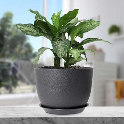 12 inch Large Plant Pots, Plastic Planters with Drainage Holes and Saucers, Flower Pots for Indoor Outdoor Plants, Modern Decorative Pots for Garden House Plants, Black