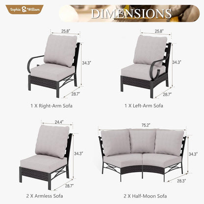 Sophia & William 6 Piece Patio Furniture Set, Half-Moon Curved Outdoor Sofa, Wicker Rattan Outdoor Conversation Sets,Beige