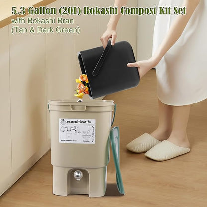 20L Bokashi Bucket with Air Sealing Lid, 5.28 Gallon Compost Bin, Kitchen Composter with Bran, Kitchen Compost Pail, ecocultivatify Bokashi Kit Set with Starter (Tan & Dark Green)