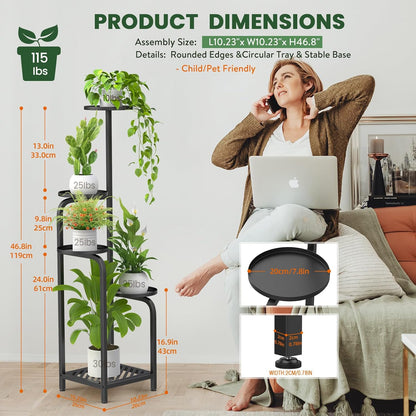 TOSKING 5 Tier Tall Plant Stand Indoor Outdoor, Heavy Duty Corner Shelf for Plants & Decor, Space Saving 3.9FT Metal Flower Pot Stand for Balcony, Garden, Living Room, Patio (Black, 47in)