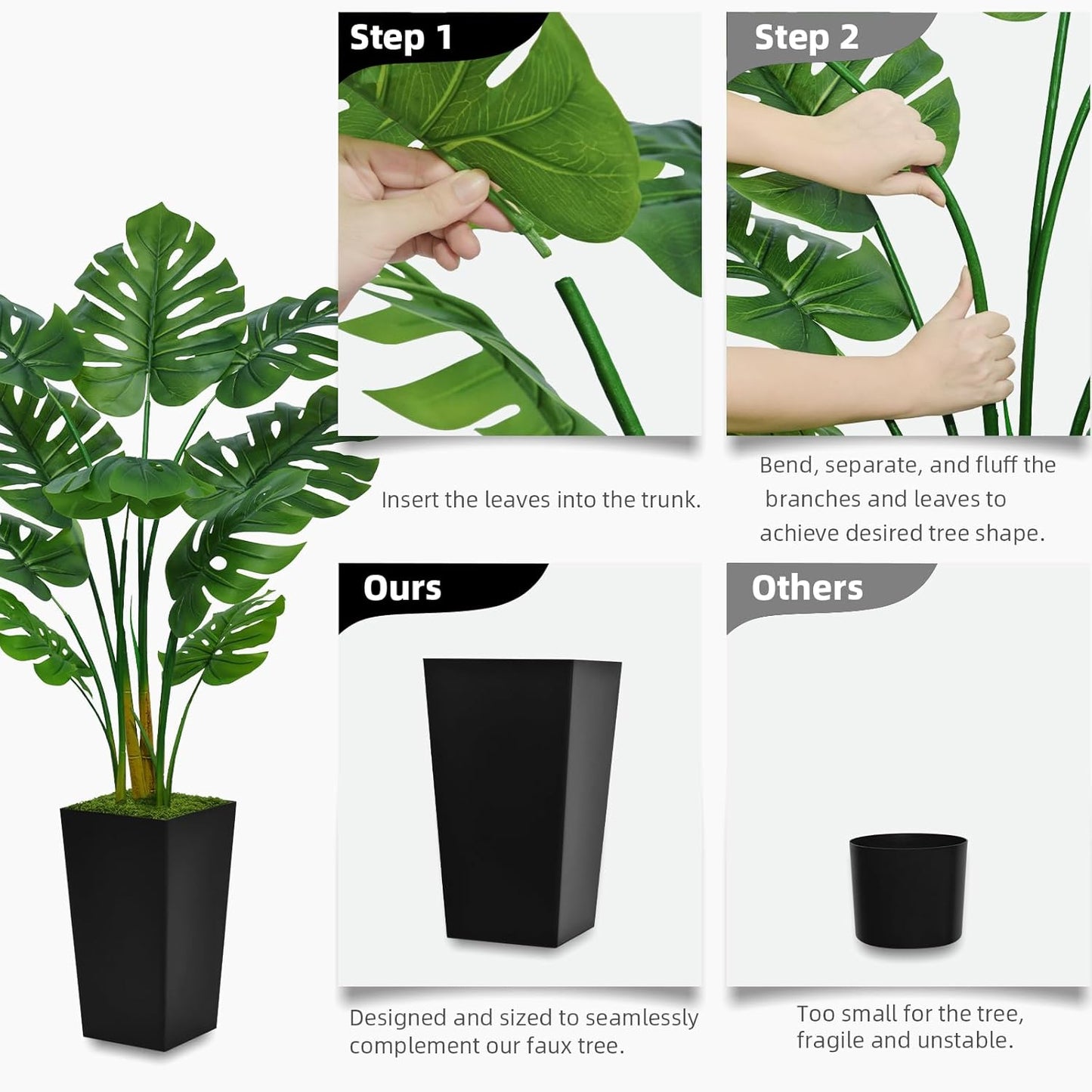Artificial Monstera Deliciosa Plant 5FT - Faux Tropical Palm Tree with White Tall Planter - Fake Swiss Cheese Floor Plant Potted - Artificial Tree for Home Office Living Room Decor Indoor
