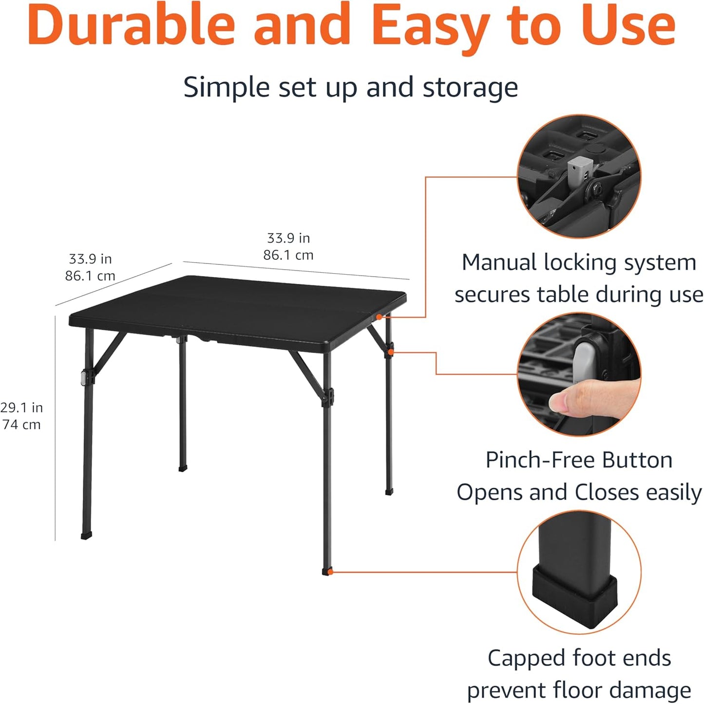 Amazon Basics 34 inch Portable Folding Dining Table with Carrying Handle, Black, 33.9 x 29.1 x 33.9 inch, Square
