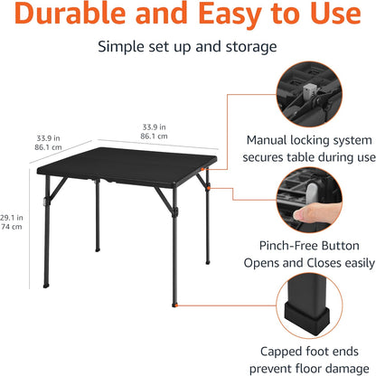 Amazon Basics 34 inch Portable Folding Dining Table with Carrying Handle, Black, 33.9 x 29.1 x 33.9 inch, Square