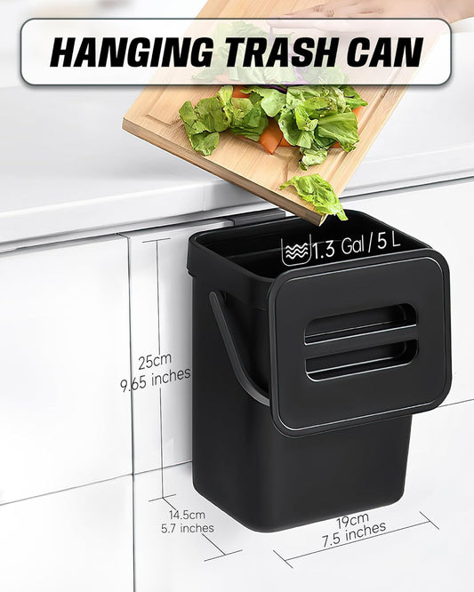 Countertop Compost Bin - 1.3 Gallons Hanging Small Trash Can with Lid for Kitchen Bathroom, Under Sink Kitchen Trash Can, Indoor Counter Compost Bucket with Lid, 5L(Black)