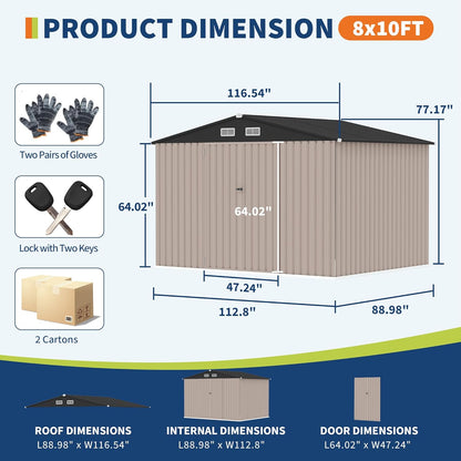 8x10 FT Metal Storage Sheds Outdoor with Floor, Metal Yard Sheds Garden Shed Kit, MetalTool Shed with Lockable Door, Metals UtilitySheds Buildings with Air Vent for Backyard Garden Patio Lawn
