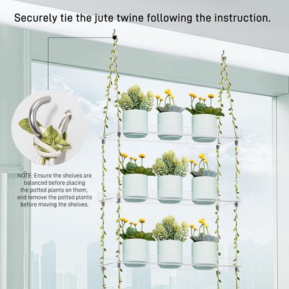 Sumerflos Acrylic Window Boxes Plant Shelves 3 Tier - Clear Hanging Shelf Indoor Jute Twine Adjustable Plant Holder for Window Wall Living Room Balcony Natural