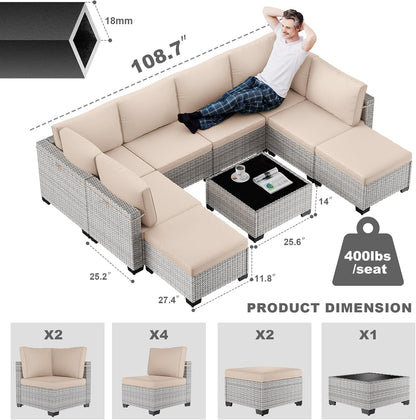 9-Piece Patio Furniture Set, Outdoor with Ottomans, Modular Patio Sofa, Dual-Strand Wicker Rattan, Rust-Resistant Frame, Backyard Furniture for Garden, Deck, Sand