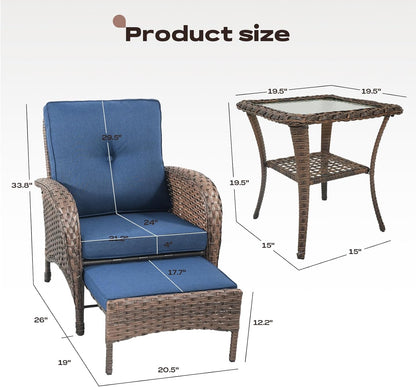 5 Piece Patio Furniture Set - Wicker Balcony Furniture Set with Hidden Ottomans, Rattan Outdoor Patio Chairs with Side Table for Porch Deck Poolside Garden Brown/Blue