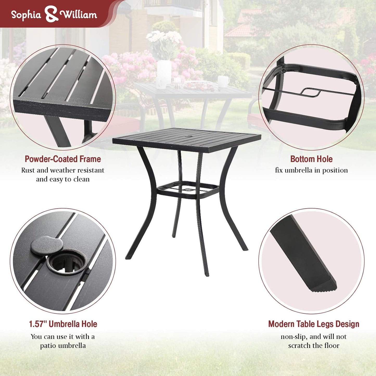 Sophia & William Patio Bar Set 3 Pieces Outdoor Bistro Bar Set with 2 Swivel Bar Stools and 1 Square Bar Height Table, All-Weather Metal Furniture with 1.57" Umbrella Hole and Beige Cushion