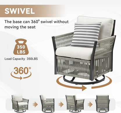 Patio Bistro Swivel Chair Set, 2 Pieces Swivel Wicker Chairs Porch Furniture Sets, All-Weather Rattan Rocking Outdoor Conversation Set for Porch, Deck, Poolside w/Cushion-Beige
