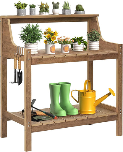 Potting Bench Table, HDPS Potting Bench with 4 Side Hooks, All-Weather Garden Table Work Station, Outdoor Potting Table for Porch, No Rust, No Fade, No Break, 360lbs Capacity (Teak, Large)