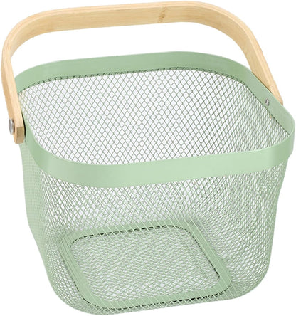 Metal Mesh Steel Basket, Storage Organizer Basket Multi-functional Hanging Kitchen Basket Fruit Basket Bin with Bamboo Handle, 9.84 x 10.2 x 7 inch, Mint Green