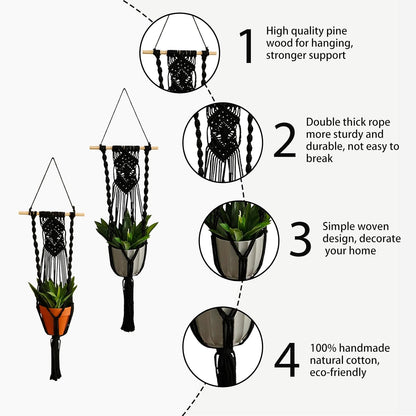Artilady Black Plant Hanger Macrame Hanging Planter for Indoor Boho Plants Holder with Hooks Hanging Plant Basket Outdoor Window Wall Plants Home Decor