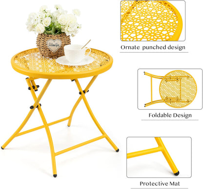 TeoKJ Folding Outdoor Side Tables, Anti Rust Small Patio Table Round Metal Nightstand with Flower Cutouts for Porch Yard Balcony Deck Lawn, Yellow