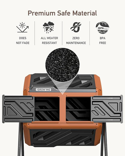 THEGROW'ING Updated 43 Gallon Outdoor Compost Bin. with Thermometer, Fast to Assemble. Tumbling Design, Dual Chambers. Rotating Function, Ideal for Outside, Backyard, Garden, Yard. Orange.