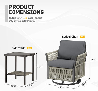 Patio Furniture Wicker Outdoor Conversation Set, 6-Piece All Weather Patio Furniture Rattan Rocking Sets w/Removable Cushions & Ottomans, Bistro Set for Backyard, Balcony, Deck, Dark Grey