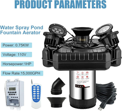 Goldlife Pond Fountain Aerator, F3 With 4 RGB Lights, 1HP 750W 110V Stainless Steel Floating Fountain With 100FT Power Cord, Octagon Aerating Fountain Pump for Small Large Pond Lake Pool Bay Fish farm