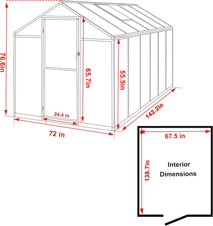 6x12 FT Polycarbonate Aluminum Greenhouse, Outdoor Walk-in Green House Kit with 2 Adjustable Roof Vents and Lockable Door, Backyard Garden in Winter, Gray
