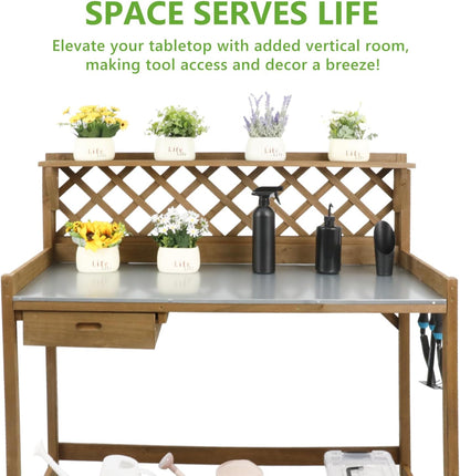 Garden Potting Benches & Tables,Outdoor Wooden Work Station W/Metal Table Top,Drawer,Large Bottom Shelf,Open Shelf Natural Wood-Natural Stained