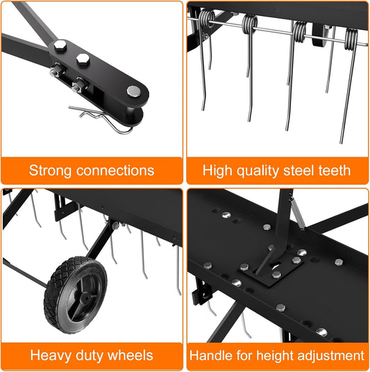 48" Tow Behind Lawn Dethatcher, Pull Behind Rake with 24 Rust-Proof Tines and Heavy Tires, Lawn Tractor Rake with Lift Handle, Black Tow Behind Rakes to Remove Thatch, Leaves from Large Lawn Area