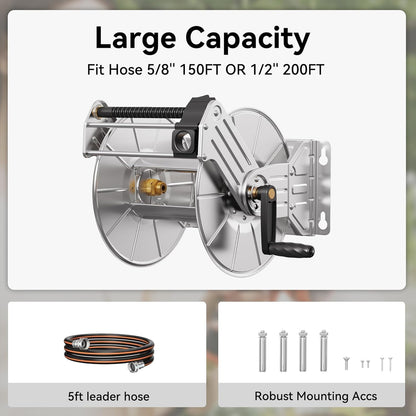 Giraffe Tools Stainless Steel Garden Hose Reel Heavy Duty, Wall/Floor Mounted Stainless Water Hose Reel Retractable with Crank, 150-Feet 5/8" Hose Capacity