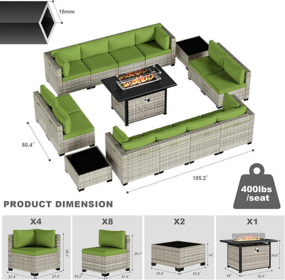 15-Piece Patio Furniture Set, Outdoor Patio Furniture with 55,000 BTU Fire Pit Table, Thick Cushions, Modular Patio Sofa, Dual-Strand Wicker Rattan, Rust-Resistant Frame, Grass Green
