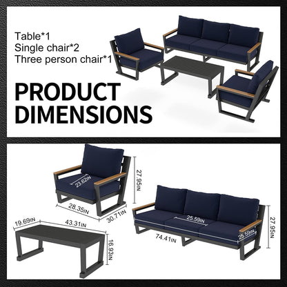 Aluminum Outdoor Sofa,4 Seats Modern Patio Furniture Set,Sectional Sofa Conversation Set with Coffee Table, Upgraded Washable Cushions for Garden Backyard,Blue