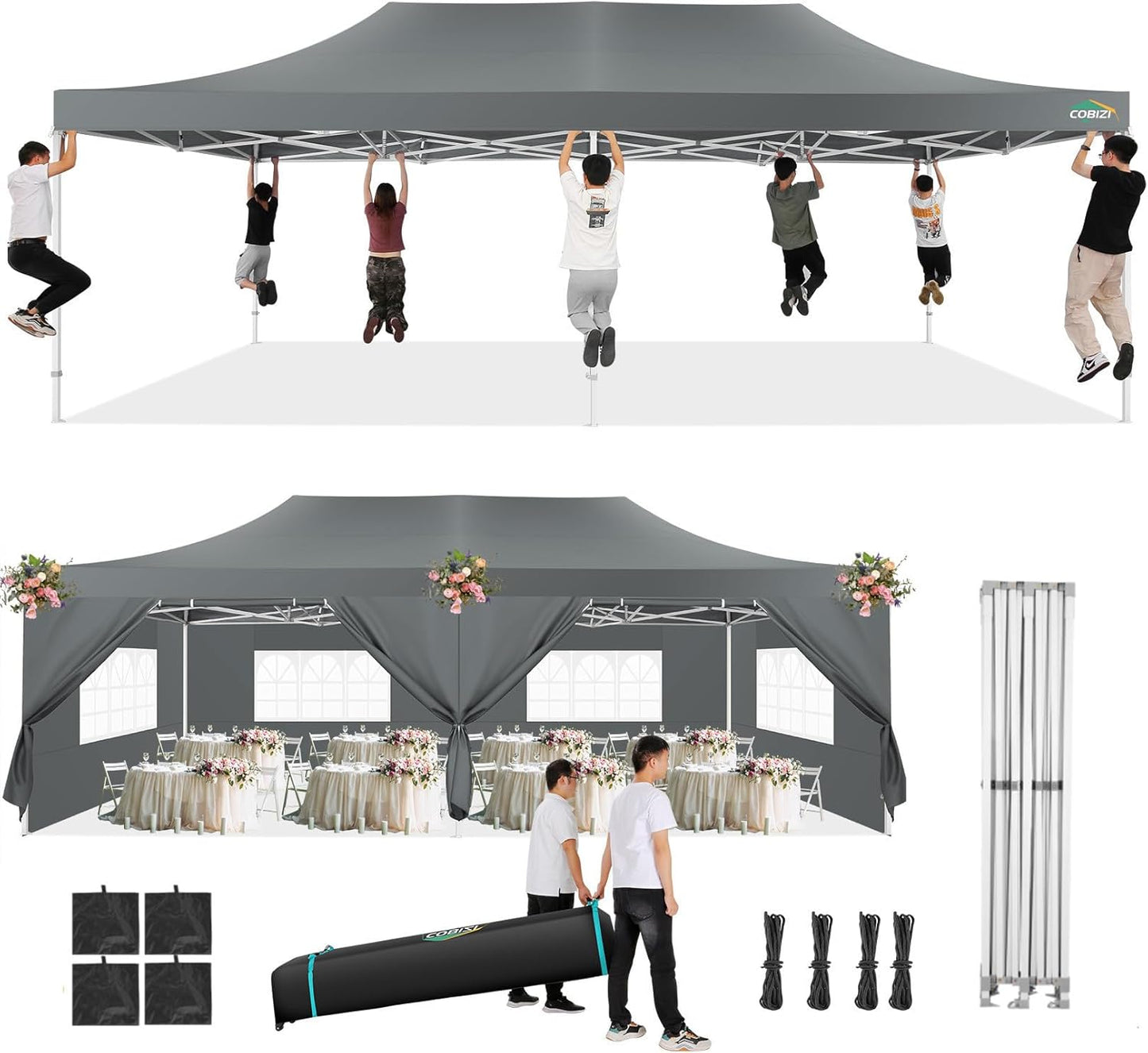 COBIZI 13x26 Pop Up Tent 13x26 Canopy with Sidewalls Heavy Duty Canopy Party Tent for Parties, Outdoor Wedding Large Event Tent Wind Waterproof UPF 50+ Ez Up in Garden Lawn with Roller Bag, Gray