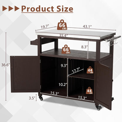 Spurgehom Outdoor Grill Table Solid Wood Storage Cabinet, Rolling Kitchen Island, Movable Bar Cart with Stainless Steel Top for Outside Patio, Backyard, Garden (Two Doors)