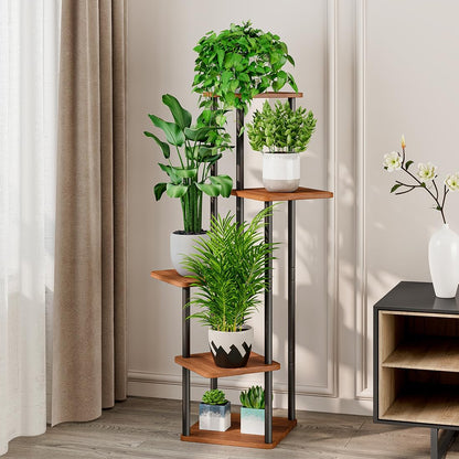 AZERPIAN Plant Stand 5 Tier Indoor Metal Flower Shelf for Multiple Plants Corner Tall Flower Holders for Patio Garden Living Room Balcony Bedroom, Walnut (5 Tier-Walnut)