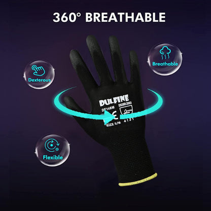 DULFINE Ultra-Thin PU Coated Work Gloves-12 Pairs,Excellent Grip,Nylon Shell Black Polyurethane Coated Safety Work Gloves, Knit Wrist Cuff,Ideal for Light Duty Work. (XX-Large)