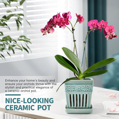 Orchid Pots with Holes | 5" Ceramic Orchid Planter with Separate Saucer and Drainage Holes | Crackle Glazed Pottery Small Flower Pot for Repotting Orchids（Blue）