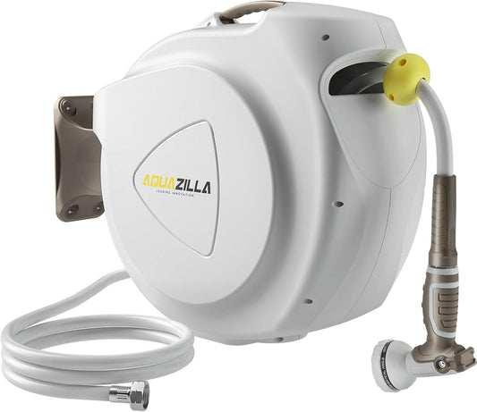 Retractable Garden Hose Reel, 1/2 in 120+6 ft, Heavy Duty Wall Mounted Water Hose Reel, Spring Power Automatic Rewind, Any Length Lock, 180° Swivel Bracket, 10 Pattern Spray Nozzle