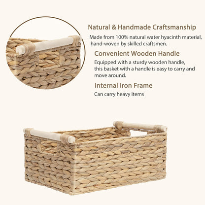 Handmade Water Hyacinth Woven Storage Baskets with Wooden Handles, Rectangle Rustic Organizer Set for Home Decor, Kitchen, Bedroom & Office (Small)