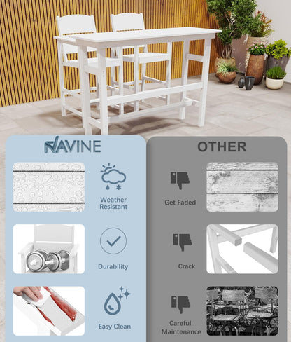 Bar Height Patio Table and Chairs Set, 3-Piece HDPE Outdoor Adirondack Bar Chairs and Patio Table, All-Weather Patio Furniture for Poolside, Backyard, Garden, High Top Patio Bar Set, White