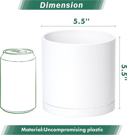 D'vine Dev 2 Pack 5.5 Inch Modern Plastic Plant Pots, Small Garden Planters for Plant with Drainage Holes and Saucers, White Color, 74-Z-H-1
