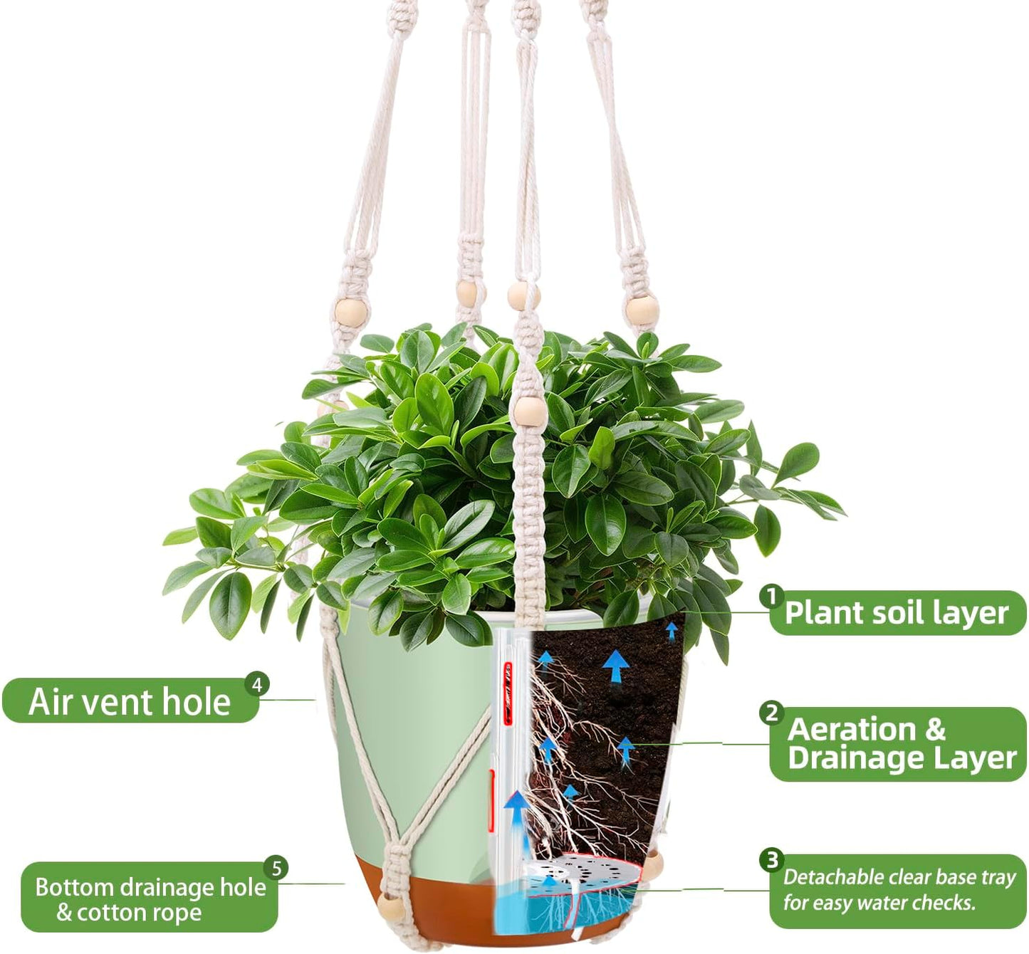 2-Pack Self-Watering Hanging Planters for Indoor & Outdoor Plants,34-Inch macrame hanger plant pots indoor with drainage,5.7-Inch Small Hanging Planters & Baskets in Green,With two sets of hooks
