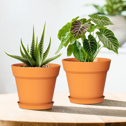 5 Inch Plastic Plant Pots with Drainage Holes and Trays – 6 Pack Small Nursery Pots for Indoor & Outdoor House Plants and Flowers, Seedling Starter Planters, Terracotta