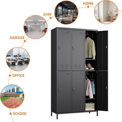 6 Doors Metal Lockers for Employees with Combination Locks and 6 Shelves, Storage Locker with 18 Hooks and Business Card Holder for Office Gym School Bedroom, Assembly Required, Black