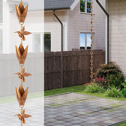 Rain Chains for Gutters, 8.5 Ft Rain Water Chain with 10 Tulip Cups & Detachable Hummingbird Decor, Adjustable Gold Rain Catcher Chain, Replacement for Downspout