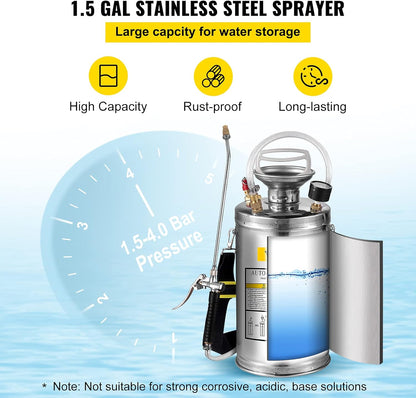 Happybuy 1.5 Gallon Stainless Steel Sprayer, 16" Wand&3.3FT Reinforced Hose, Hand Pump Sprayer with Pressure Gauge, Safety Valve&Adjustable Nozzle, Weed Sprayers for Lawn, Gardening & Sanitizing