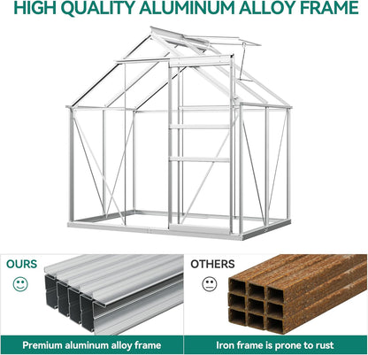 YITAHOME 6x4FT Polycarbonate Greenhouse Heavy Duty Green Houses Outdoor Aluminum Greenhouses with Sliding Doors Vent Window Walk-in Greenhouse Large Sun House for Garden Backyard, Sliver