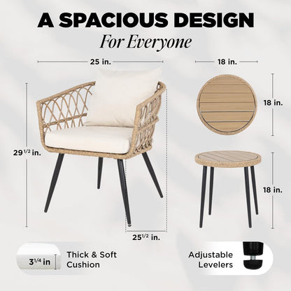 IDZO Heavy Duty 500lbs Weight Capacity Wicker Bistro Table and Chairs Set of 2 with Olefin Fabric Soft Cushions
