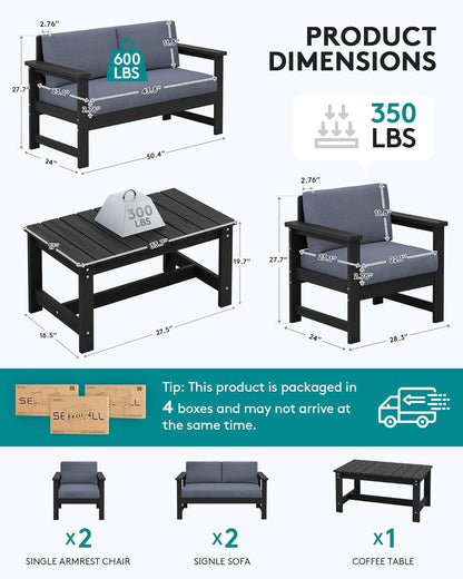 SERWALL 5 Pieces HDPE Outdoor Conversation Sofa Set with Cushion, All Weather Couch Loveseat Furniture Set with Pads, Outdoor Social Sofa Coffee Table Set, Black Frame with Grey Cushions
