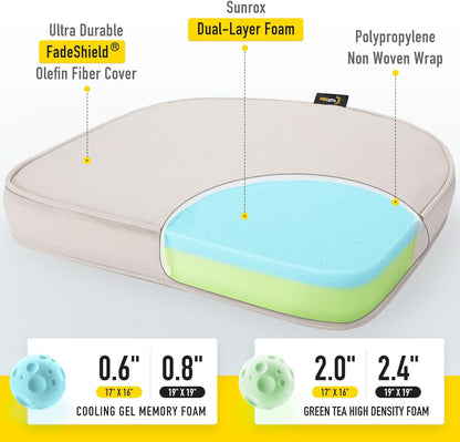 SUNROX Gel Memory Foam Chair Cushions, FadeShield Water-, Stain-Resistant Durable Reversible Seat Cushion Pads with Ties for Indoor/Outdoor Kitchen Dining Office 17"x16" Set of 2, Cream