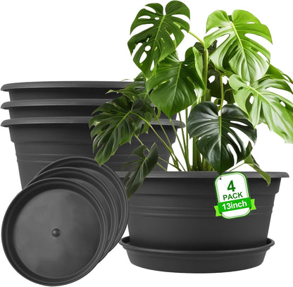 Large Flower Pots Set of 4 Pack 13 inch, Plant Pots Large Outdoor Planters with Drainage Hole & Tray Saucer, Decoration Plastic Pots for Plants for Indoor Outdoor Garden Home Plants Planter (Grey)