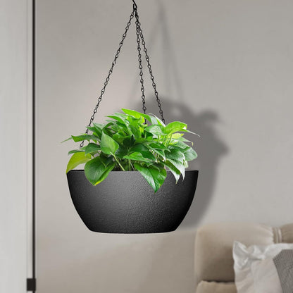 10 inch Hanging Planters for Outdoor Indoor Plants with Drainage Holes and Chain, 2 Pack Round Hanging Flower Pots for Garden Home Porch Decor, Black