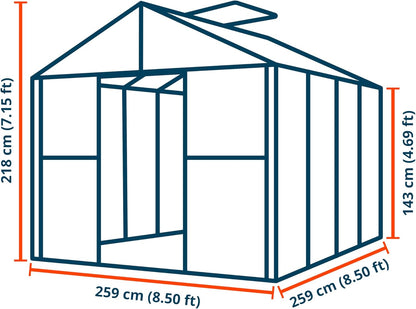 Greenhouse Saphir 4 Aluminum Frame 8.5 x 8.5 ft Approx. 6 mm Polycarbonate Panels - with Bonus Base Frame and Automatic Vent Opener